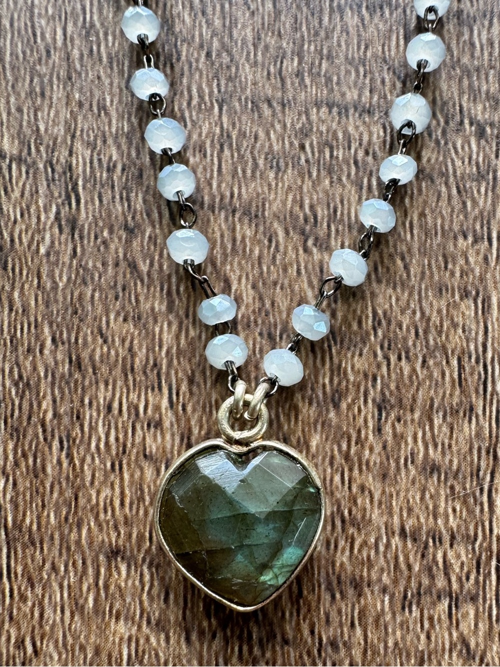 Gold Heart Labradorite Pendant Necklace with Gray Beaded Chain